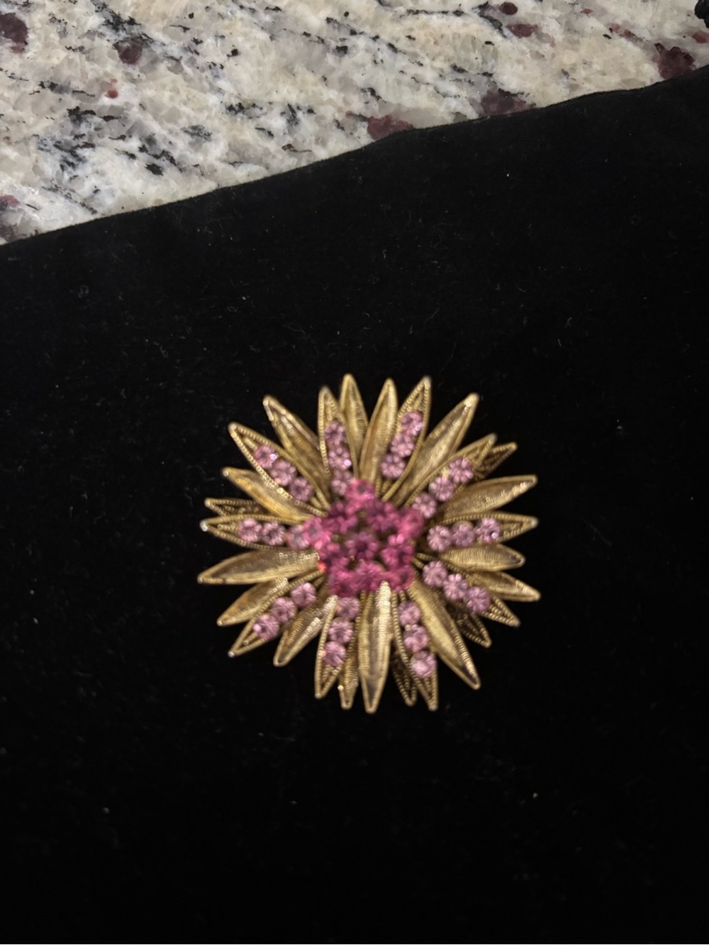Vintage Gold Brooch with Pink Crystal Floral Burst